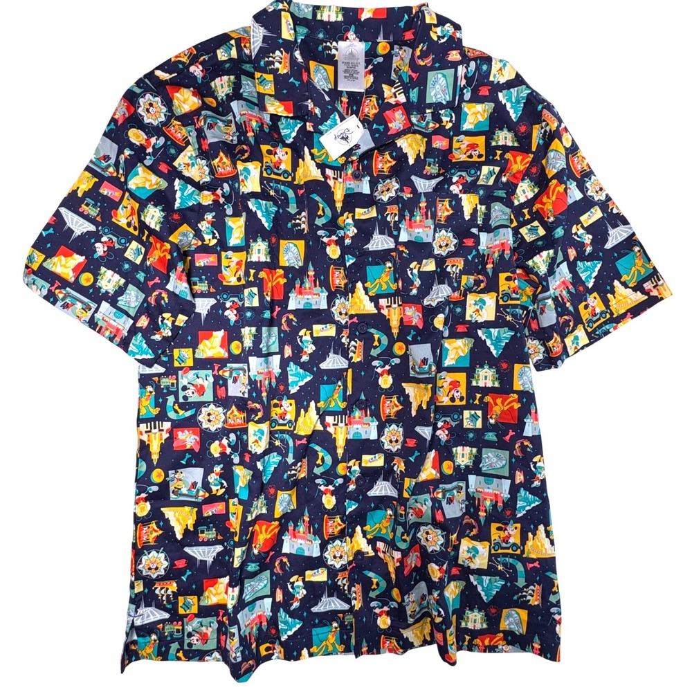 Disney Shirt XL Navy Blue Park Attractions Mickey Mouse Button Up Camp Collar